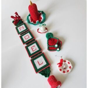 VTG Christmas‎ Crochet Decor 5 Handmade Green Noel Ornament Candle Sew Yarn Knit